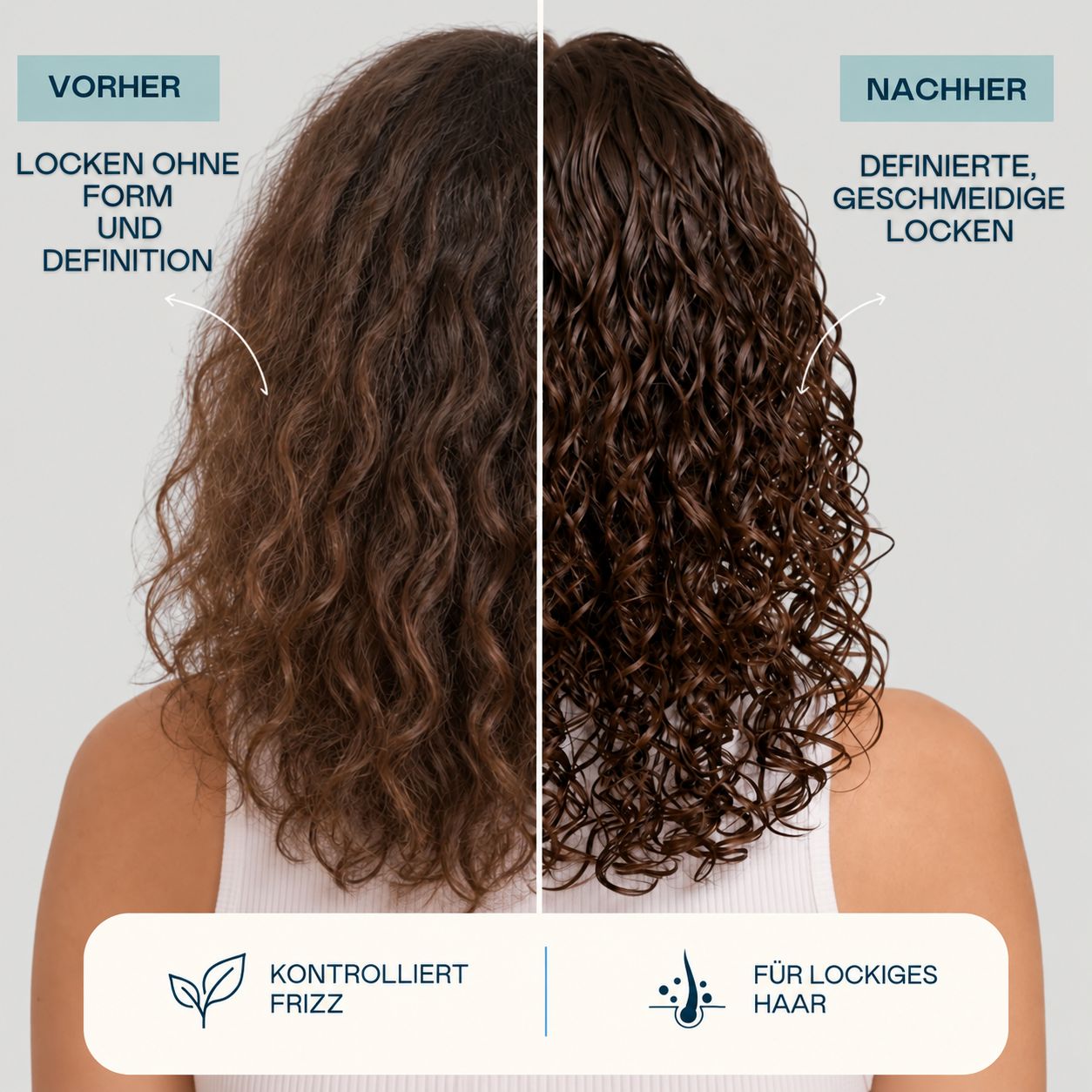 Vorher/Nachher-Vergleich von Haaren: kraus vs. definierte Locken. Kontrolliert Frizz, für lockiges Haar.
