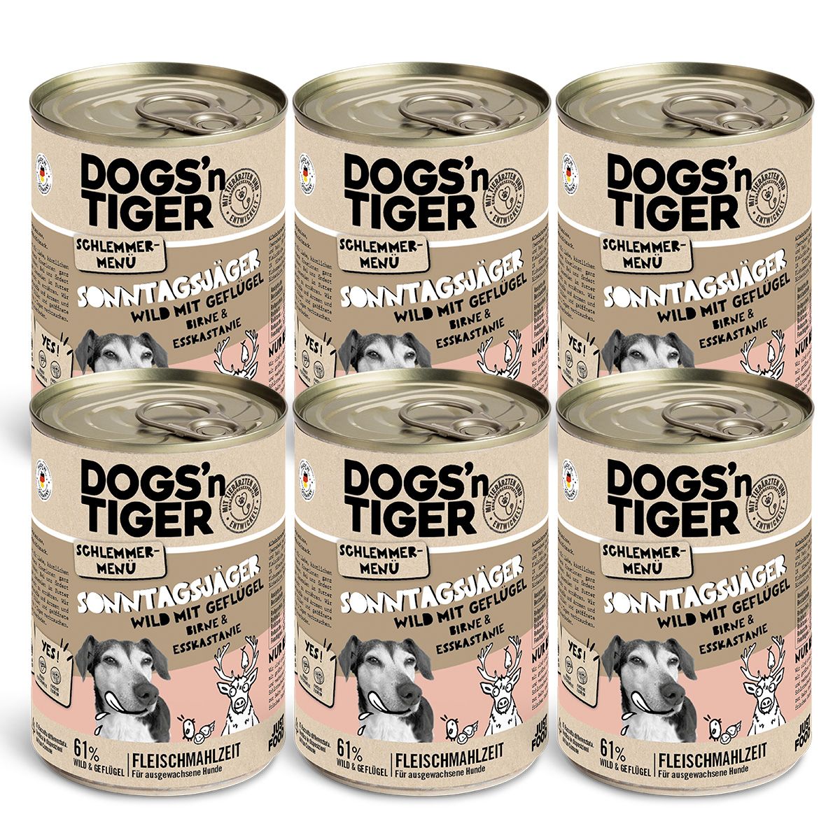 Sechs Dosen Hunde Nassfutter. Aufschrift: Dogs'n Tiger, Sonntagsjäger, Wild mit Geflügel, Birne & Esskastanie. 61% Fleischmahlzeit.