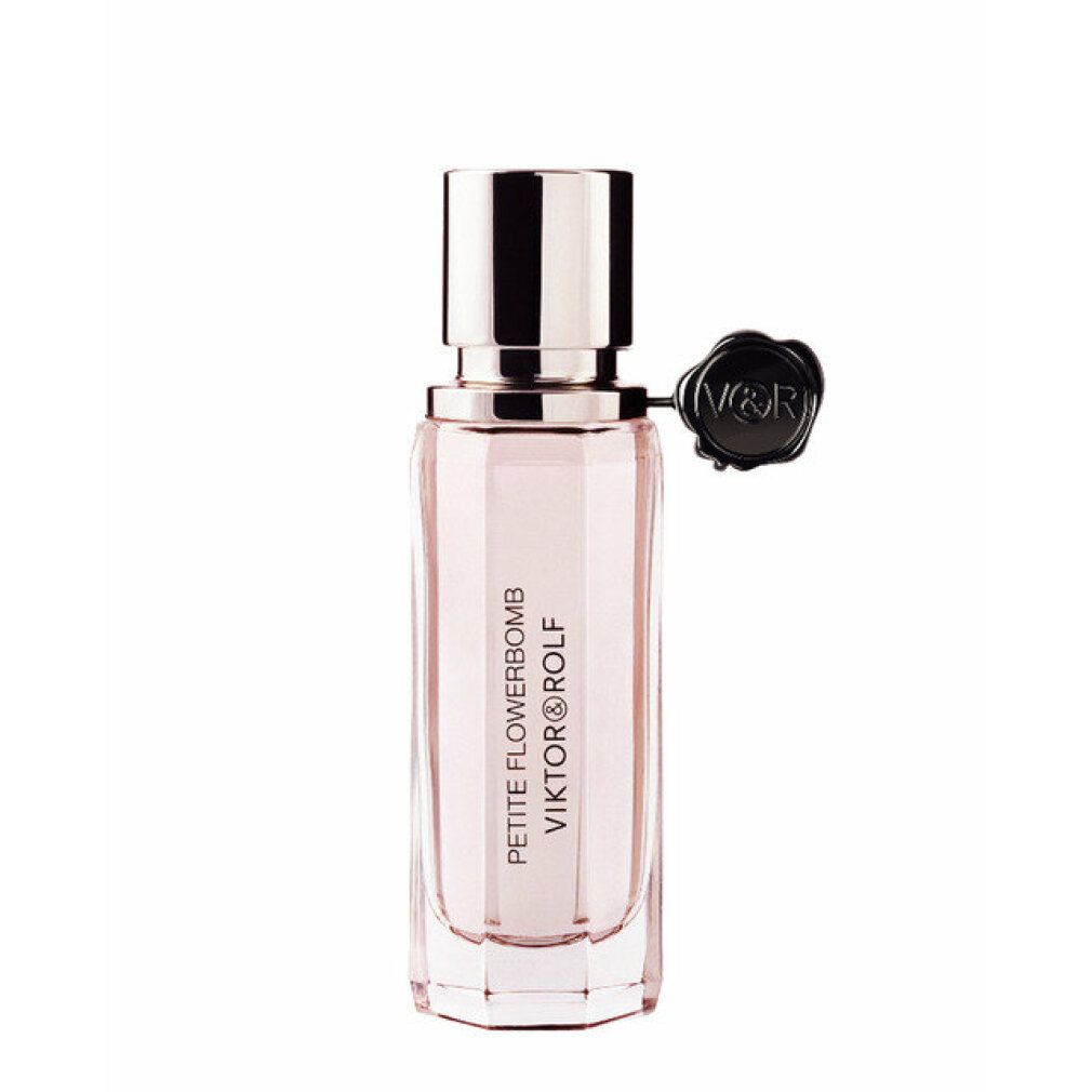 Blumiges Parfum in rechteckiger Glasflasche. Aufschrift: PETITE FLOWERBOMB, VIKTOR & ROLF. Schwarzer Verschluss.