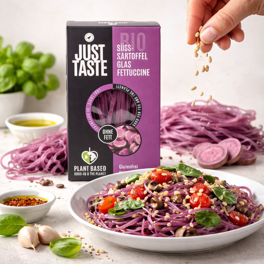 Just Taste Bio Süßkartoffel Fettuccine: Packung und servierfertige Pasta mit Gemüse. Glutenfrei, vegan.