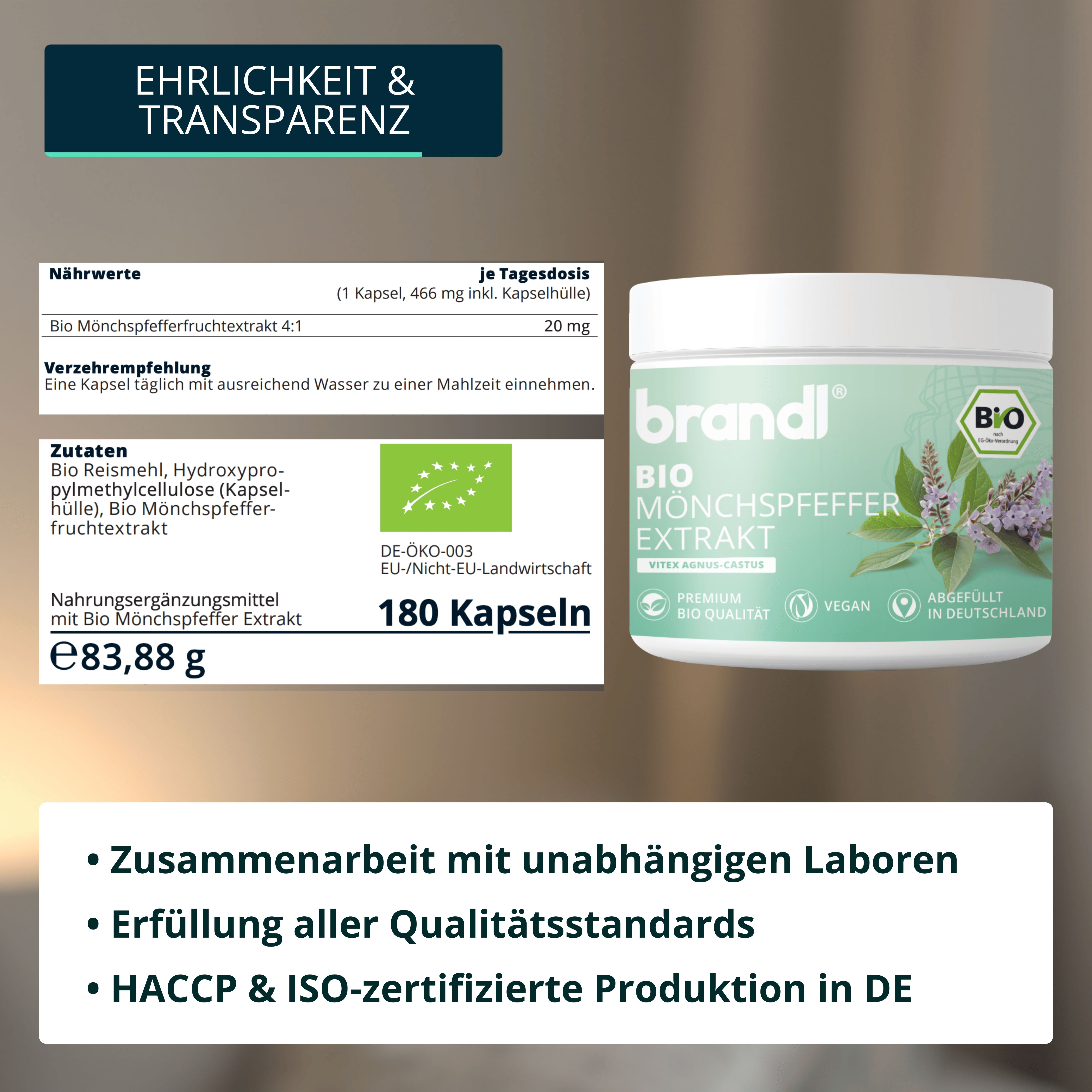 Produktetikett mit Informationen. Text: Bio Mönchspfeffer Extrakt, 180 Kapseln, Zutaten, Nährwerte, DE-ÖKO-003.