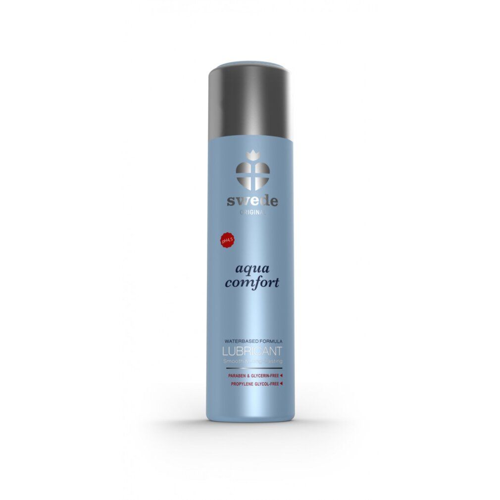 Hellblaue Flasche mit silbernem Deckel. Aufschrift: Swede, aqua comfort, Lubricant. pH 5.5.