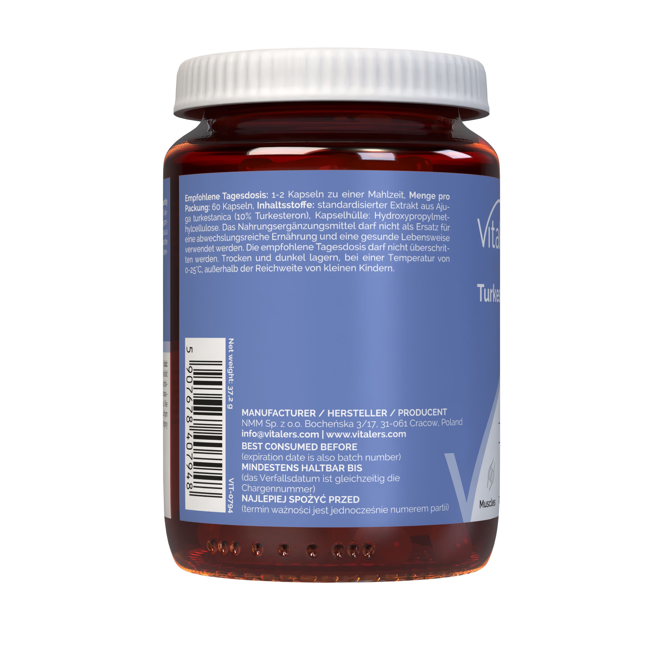 Rückseite einer Vitaler's Turkesterone Dose mit Herstellerangaben und Mindesthaltbarkeitsdatum.