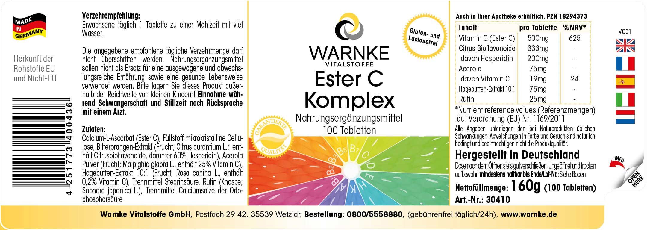 Etikett mit Produktinformationen. Aufschrift: Warnke Ester C Komplex. 100 Tabletten. Inhaltsstoffe und Nährwertangaben.