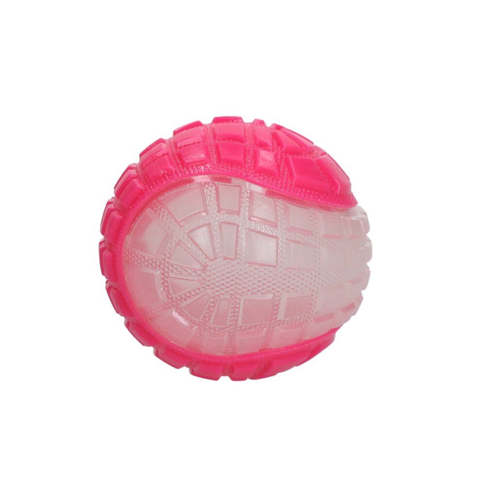 Rosa Hundespielzeug, Ballform, mit transparenten und strukturierten Bereichen. Für Hunde.