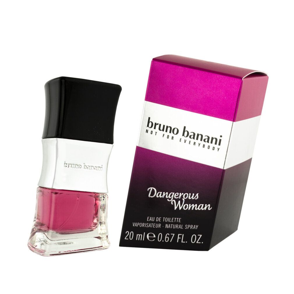 Bruno Banani Dangerous Woman Eau de Toilette Flakon mit rosa Flüssigkeit und Verpackung.