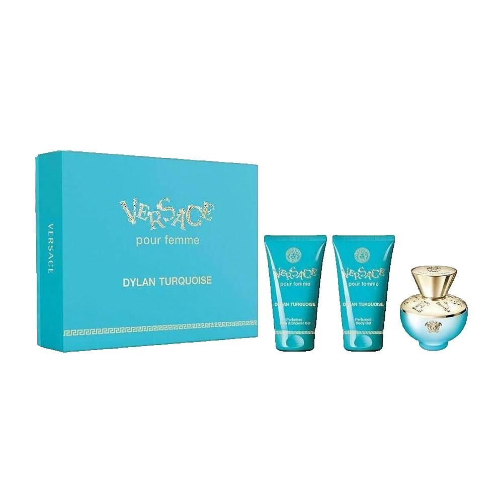 Türkisfarbenes Geschenkset mit Versace-Logo und Schriftzug "Dylan Turquoise". Enthält eine Schachtel, zwei Tuben und eine Parfumflasche.