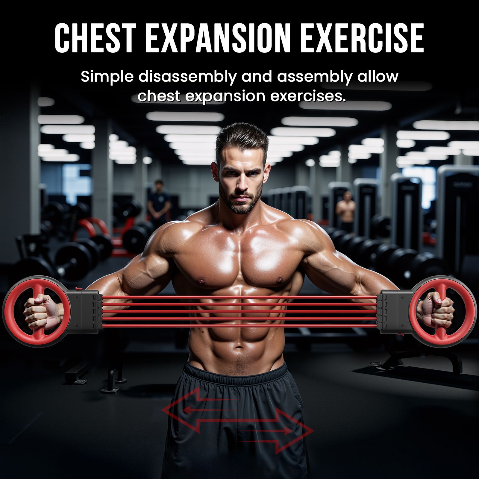 Gerät für Arme und Brust, schwarz-rot. Eine Person trainiert mit dem Gerät. Rote Bänder verbinden die Griffe.