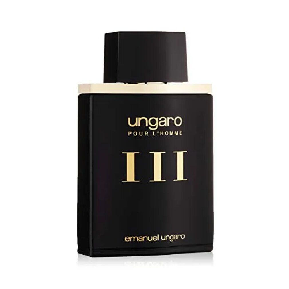 Schwarze Flasche mit goldfarbenem Schriftzug "ungaro POUR L'HOMME III". Aufschrift "emanuel ungaro". Schwarzer Deckel.