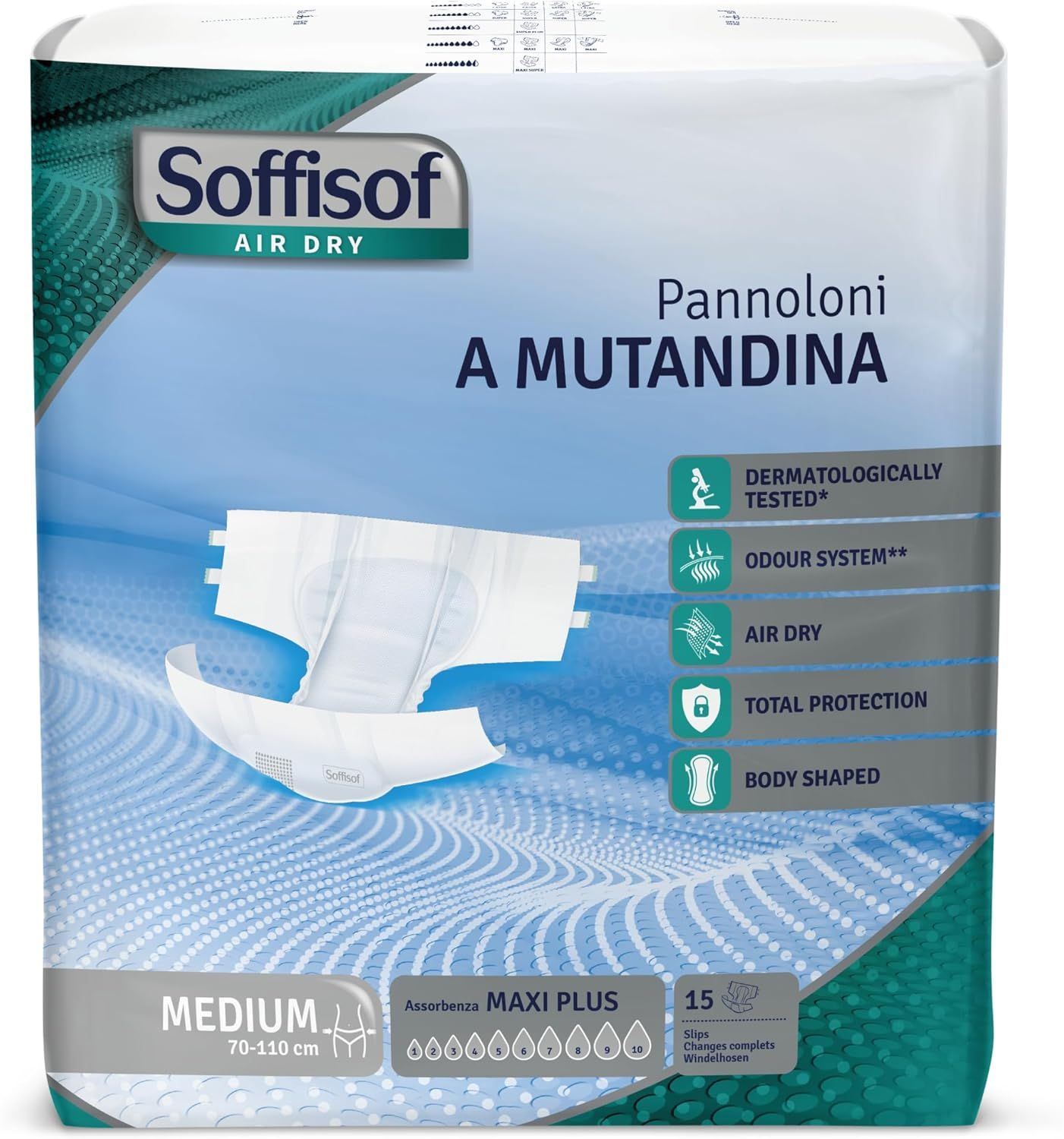 Verpackung Soffisof Air Dry Windeln für Erwachsene Maxi Plus. Medium, 70-110 cm. 15 Stück. Dermatologisch getestet, Odour System, Air Dry.