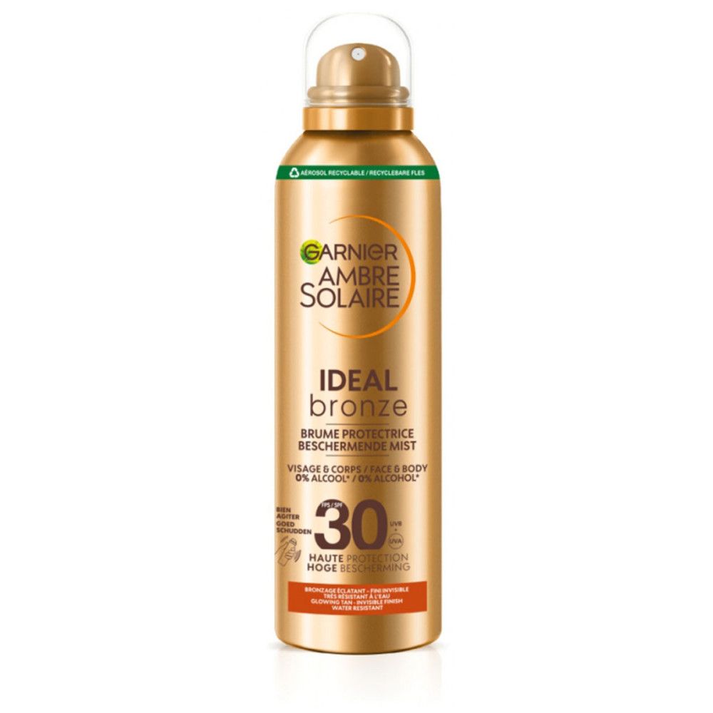 Goldfarbene Sprühflasche mit Garnier Ambre Solaire. Ideal Bronze, SPF 30. Text: Brume Protectrice, Visage & Corps.