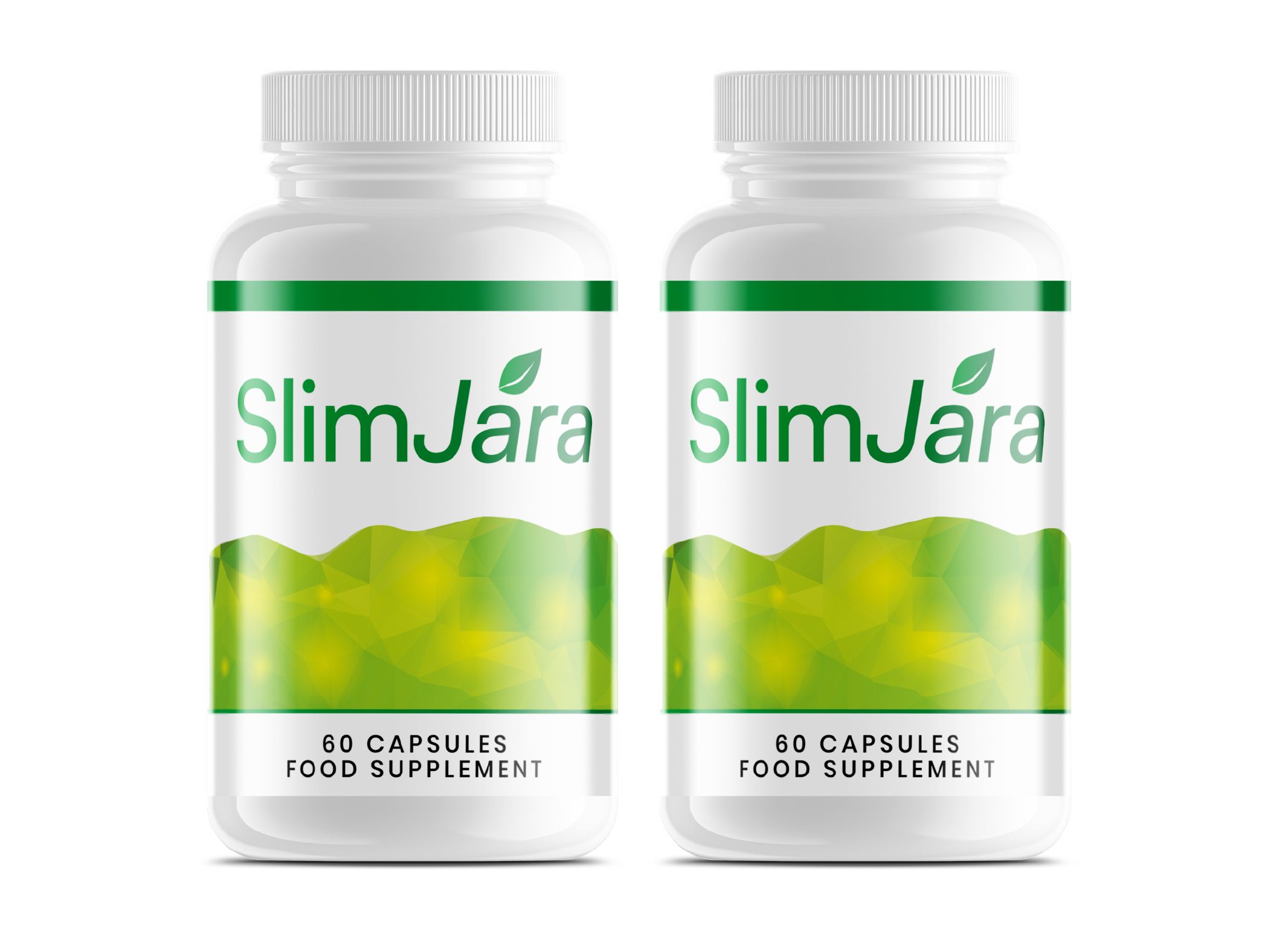 Zwei weiße Behälter mit grünen und weißen Etiketten, die "SlimJara" und "60 Capsules Food Supplement" zeigen.