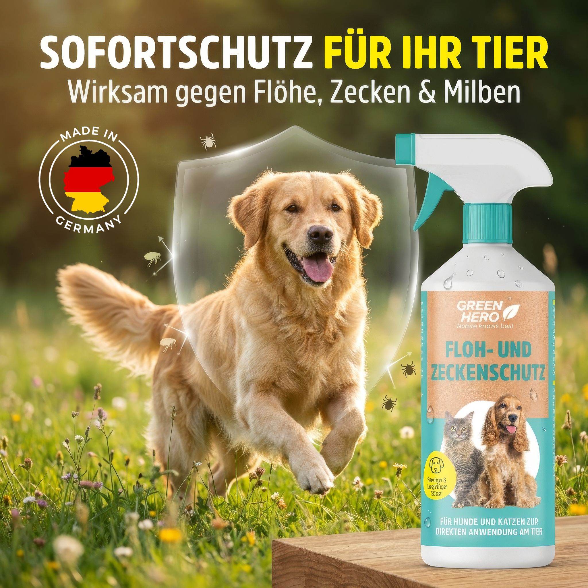 Sprayflasche mit grünem Sprühkopf. Aufschrift: GreenHero Floh- und Zeckenschutz. Ein Hund rennt durch eine Wiese. Made in Germany.
