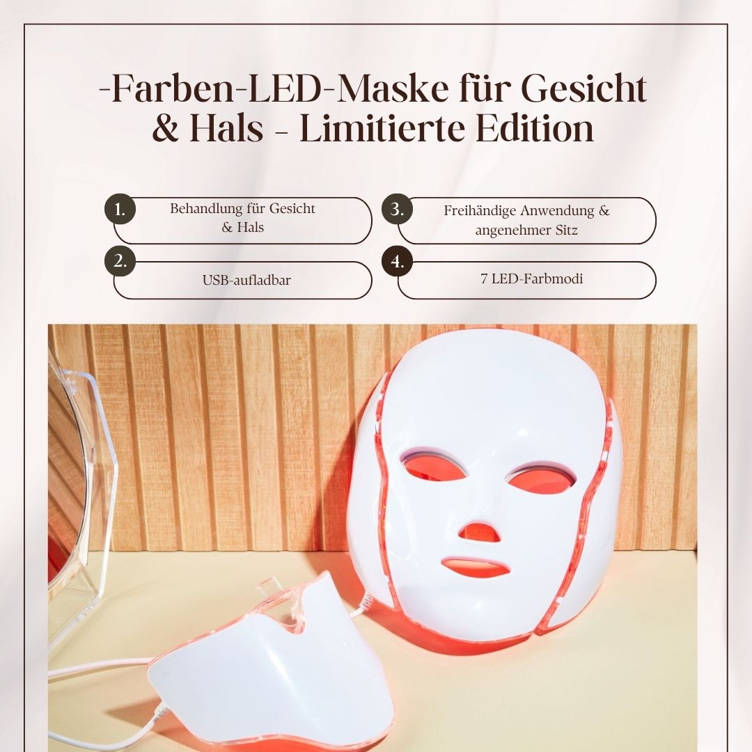 Weiße LED-Gesichtsmaske mit Halsansatz. Text: Farben-LED-Maske für Gesicht & Hals - Limitierte Edition.