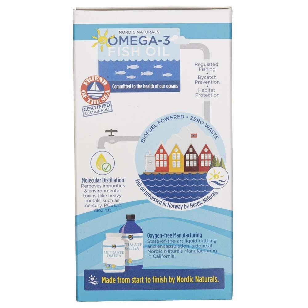 Seite der Nordic Naturals Ultimate Omega-D3 Verpackung mit Informationen zur Nachhaltigkeit und Herstellung.