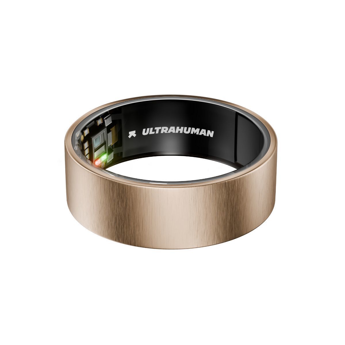 Goldfarbener Ring mit schwarzem Innenraum. Innenraum mit elektronischen Komponenten und der Aufschrift "ULTRAHUMAN".