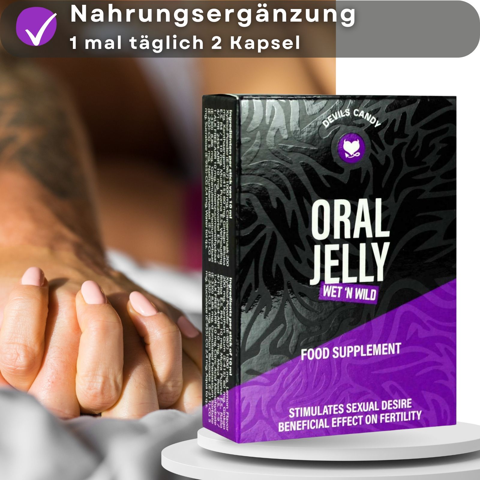 Produktverpackung mit Text. Hände berühren sich. Text: Oral Jelly, Food Supplement.