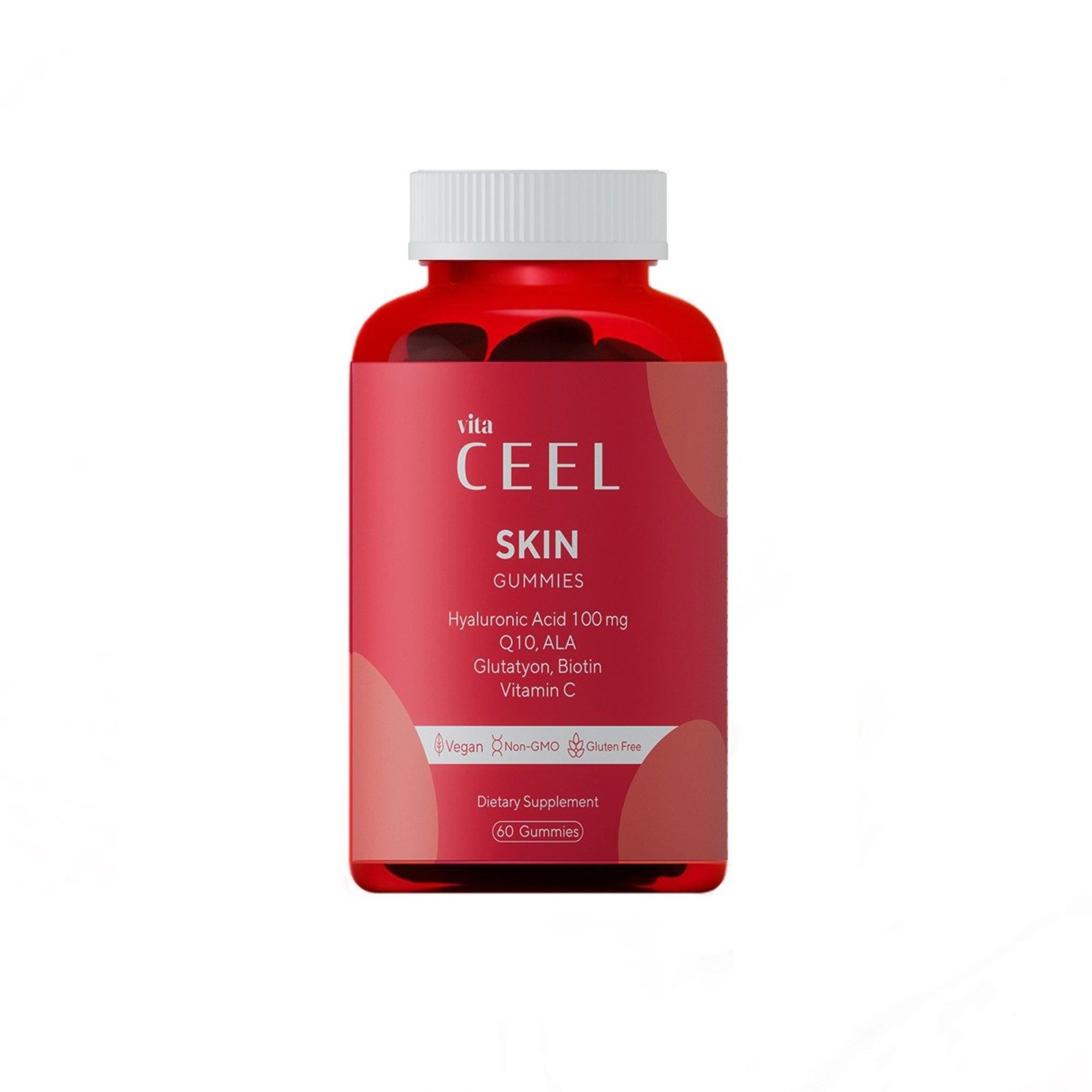 Rote Flasche mit vita CEEL SKIN GUMMIES. Enthält Hyaluronsäure, Q10, ALA, Glutathion, Biotin, Vitamin C. 60 Gummis.