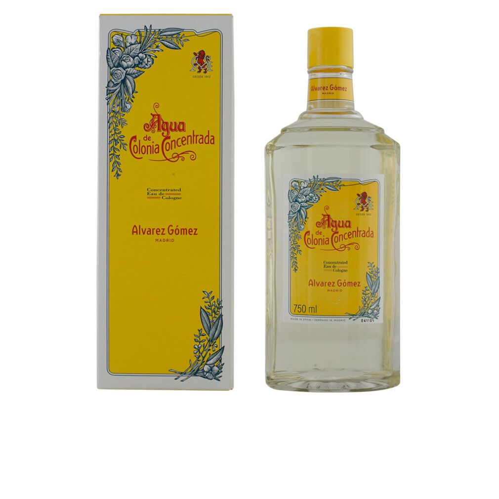Glasflasche mit gelbem Verschluss und Umverpackung. Etikett mit floralem Design und Löwenwappen.