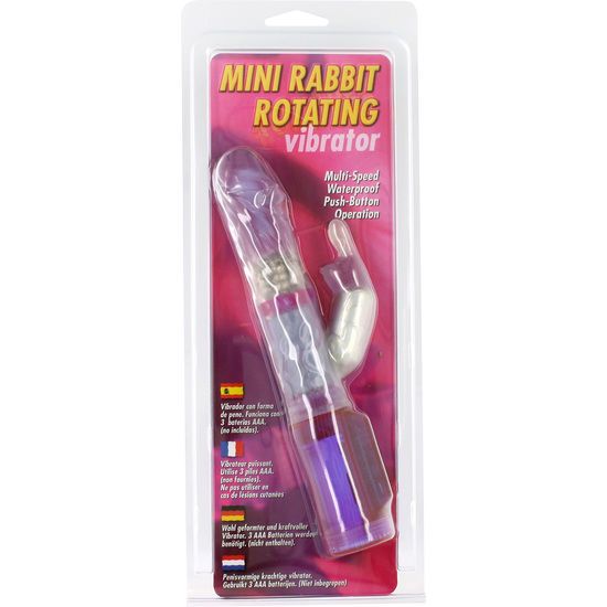 Mini Rabbit Vibrator in Blisterverpackung. Lila und transparente Elemente. Mit Bedienfeld und Text.