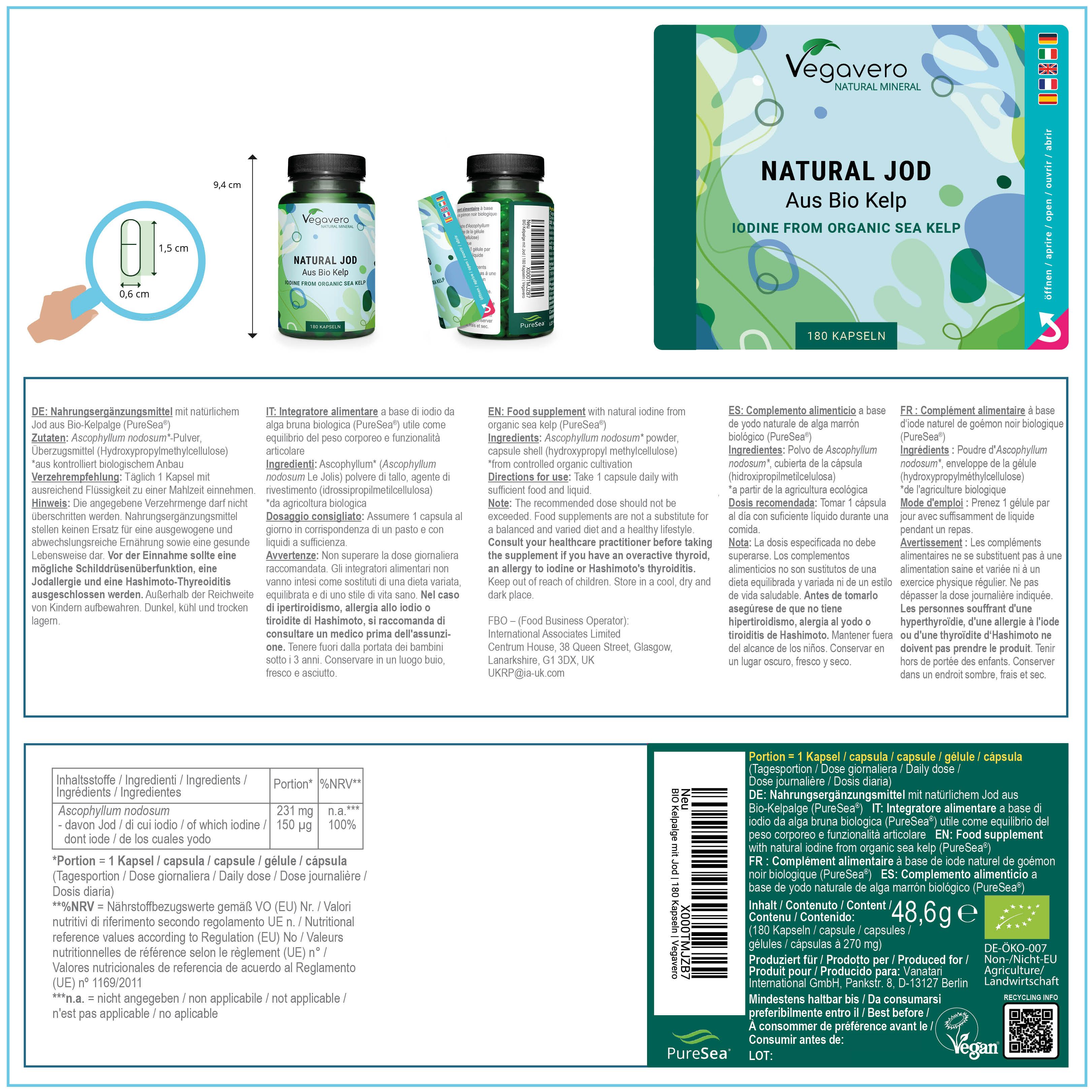 Produktinformationen und Nährwertangaben. Flasche mit Kapseln, Packungsbeilage. Marke: Vegavaro. Text in Deutsch, Englisch, Italienisch, Französisch.