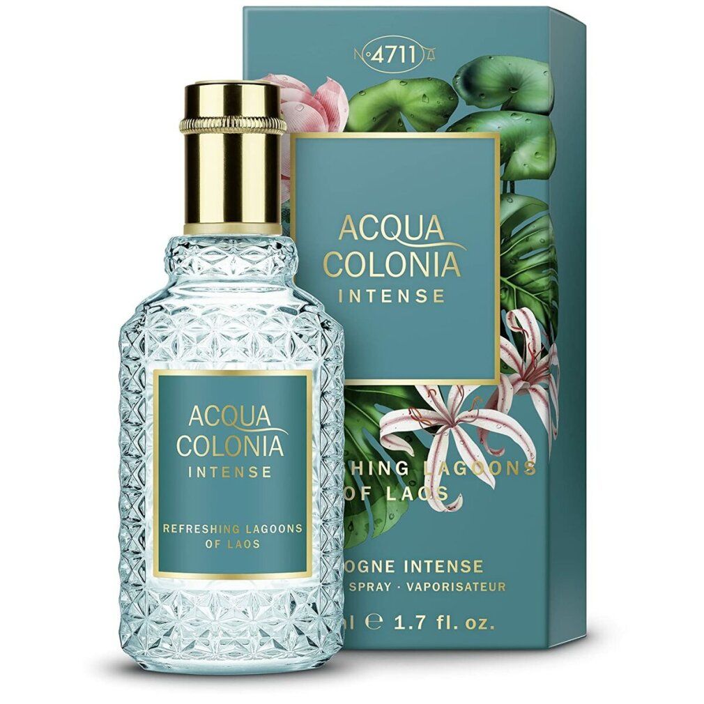 Hellblaues Glasflakon mit goldfarbenem Verschluss und Verpackung. Auf dem Etikett steht 'ACQUA COLONIA INTENSE' und 'REFRESHING LAGOONS OF LAOS'.