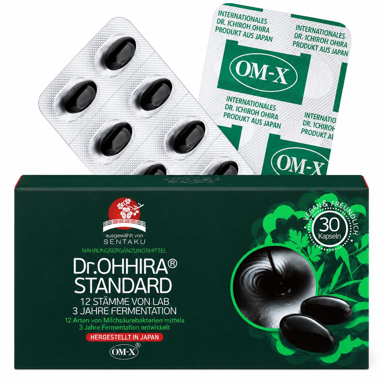Verpackung und Blisterpackung mit Dr. OHHIRA Standard Probiotika Kapseln.