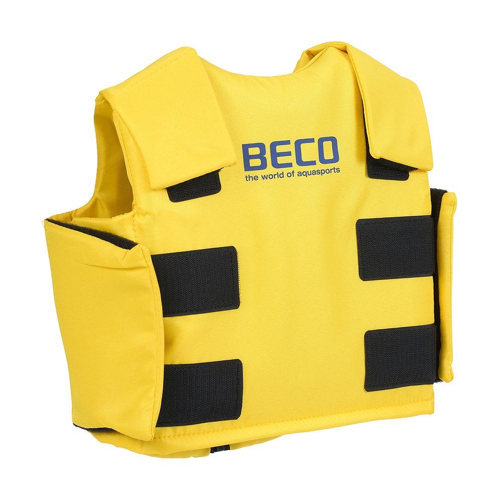 Gelbe Schwimmweste mit schwarzen Elementen und dem Logo "BECO".