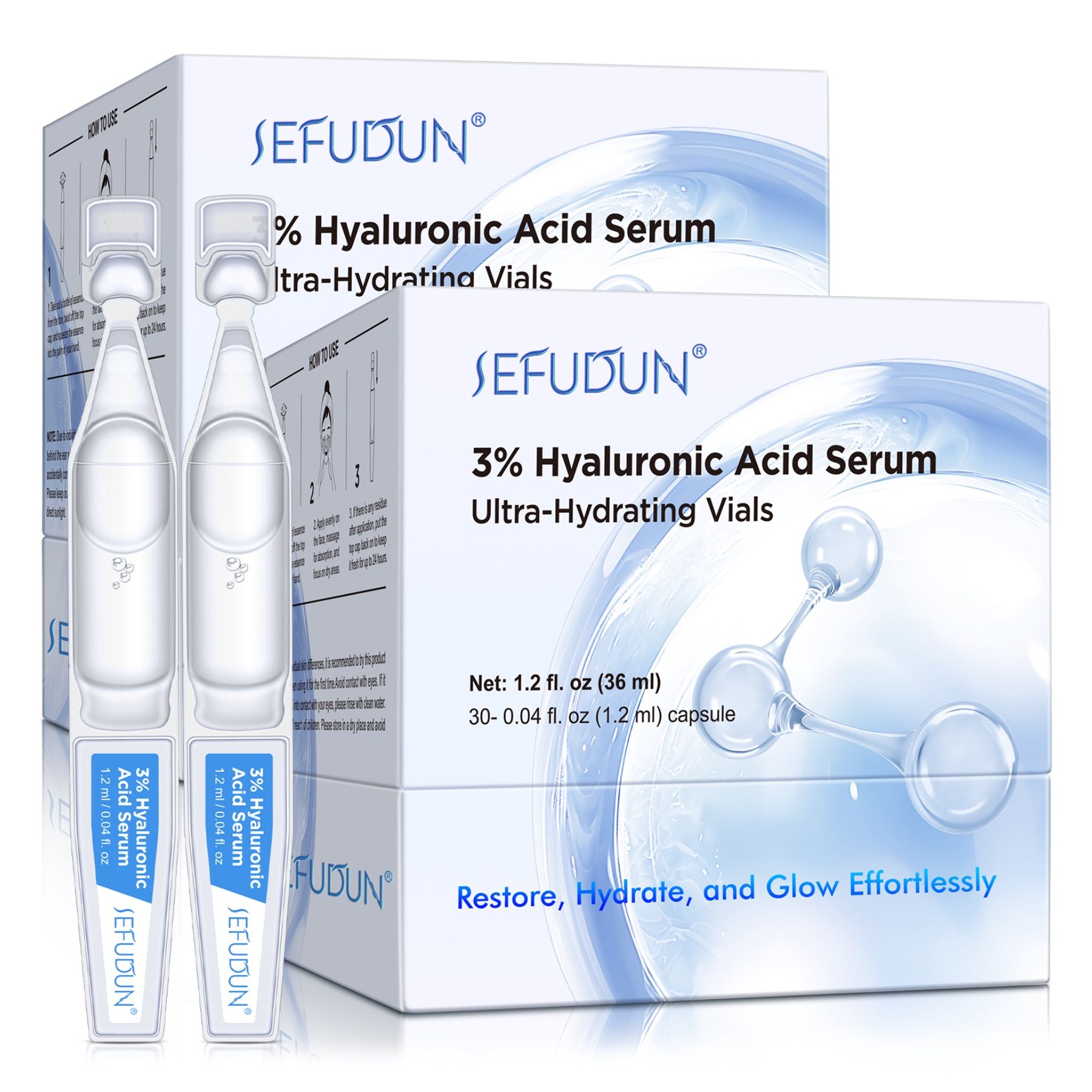 Verpackung mit Serum-Ampullen. Marke SEFUDUN. Enthält 3% Hyaluronsäure. Ultra-hydratisierende Vials. Zwei Kartons und Ampullen.