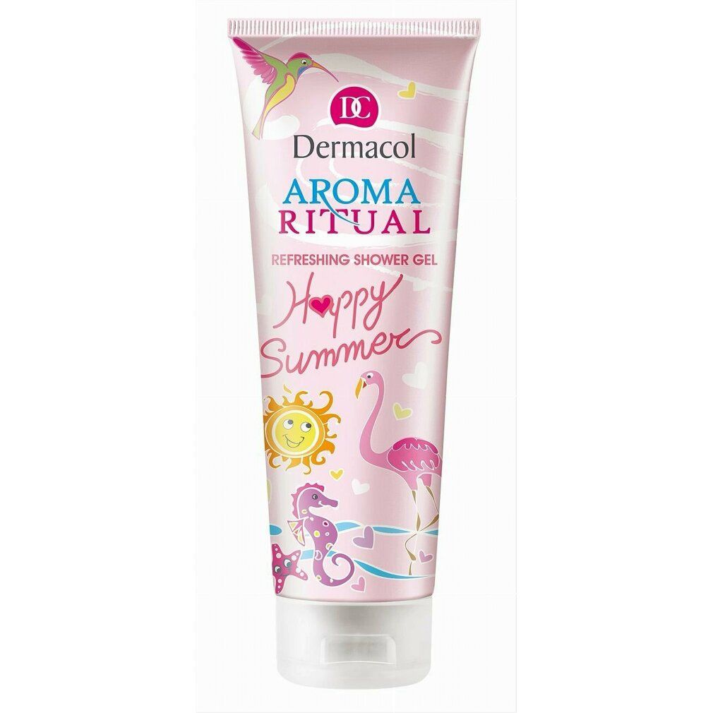 Rosa Tube mit "Dermacol Aroma Ritual Happy Summer" Duschgel. Illustrationen: Kolibri, Flamingo, Sonne, Seepferdchen.