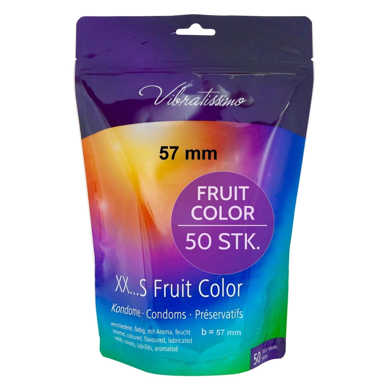 Packung mit 50 Vibratissimo XXS Fruit Color Kondomen, 57 mm Breite, aromatisiert.