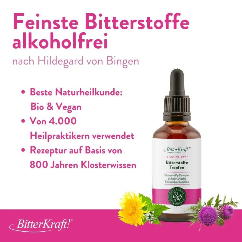 Glasflasche mit Tropfer neben Text. Text: Feinste Bitterstoffe alkoholfrei nach Hildegard von Bingen.