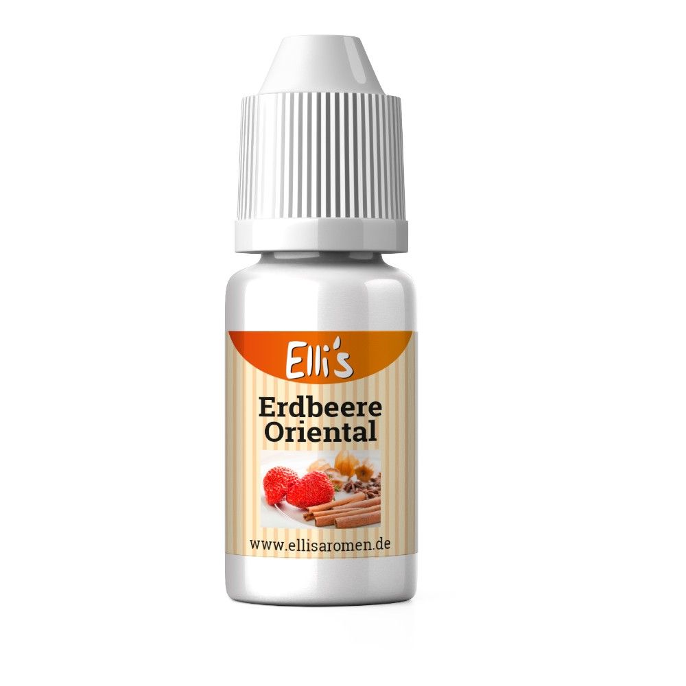 Fläschchen mit weißem Deckel. Etikett mit "Elli's Erdbeere Oriental" und Erdbeer-Abbildung. Website-Adresse.