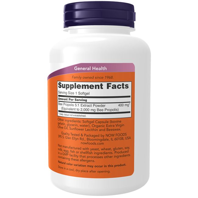 Weiße Flasche mit lila Deckel. Orangefarbenes Etikett mit Text: Supplement Facts, Bee Propolis 5:1 Extrakt, 400 mg. NOW Foods.