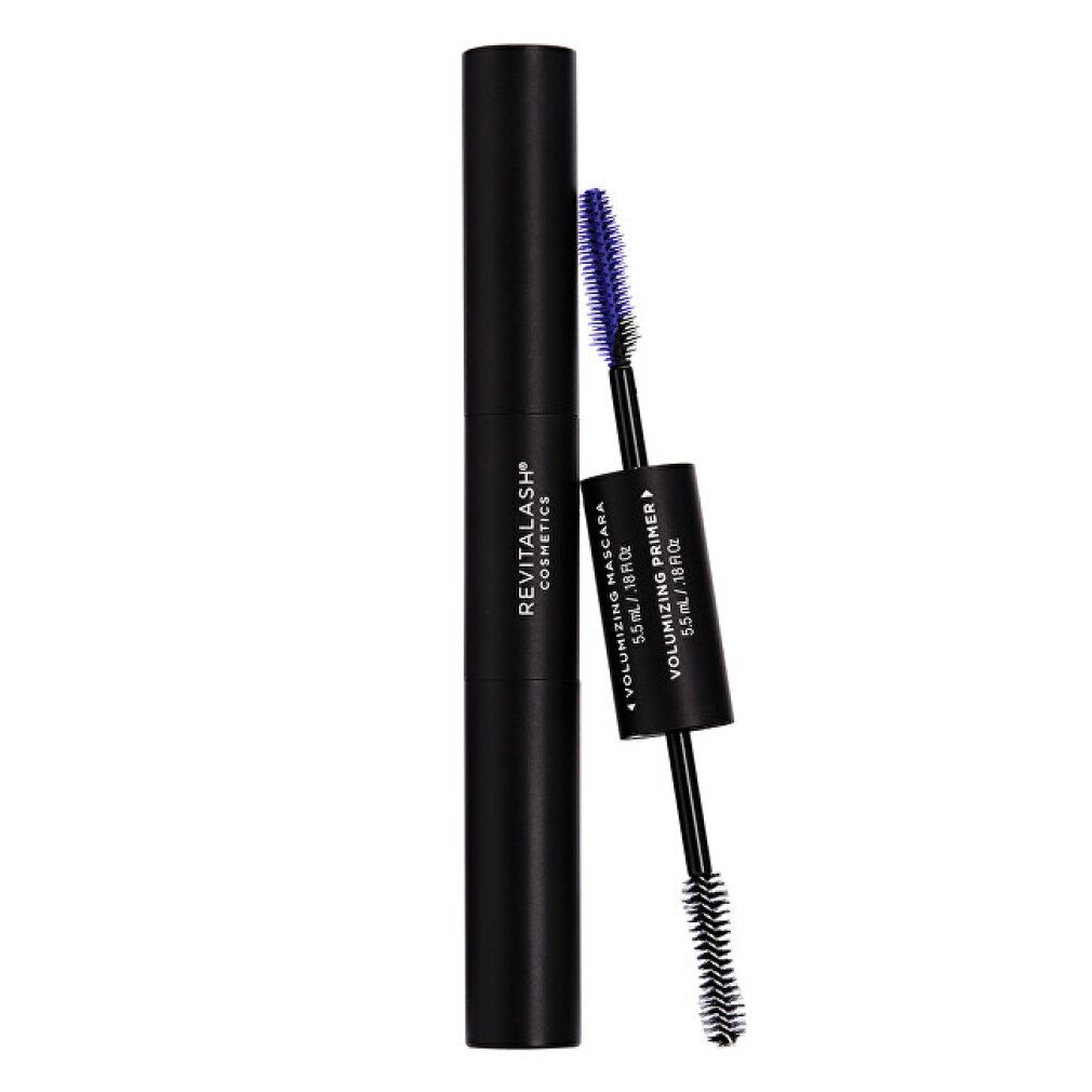 Doppelendiges Volumen-Set. Schwarze Hülse, blaue Primer-Bürste, schwarze Mascara-Bürste. RevitaLash Cosmetics.