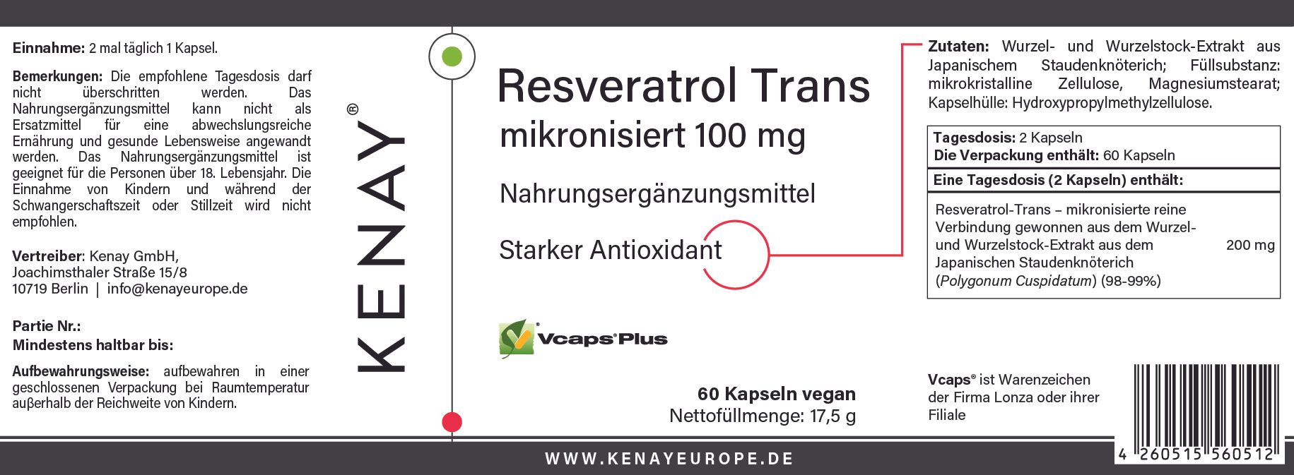 Etikett mit Produktinformationen. Resveratrol Trans mikronisiert 100 mg, Nahrungsergänzungsmittel. Marke KENAY. Enthält 60 Kapseln.