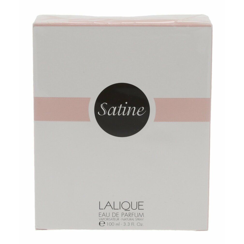 Weiße Verpackung mit rosa Streifen und schwarzem Etikett "Satine". Schriftzug "LALIQUE EAU DE PARFUM".