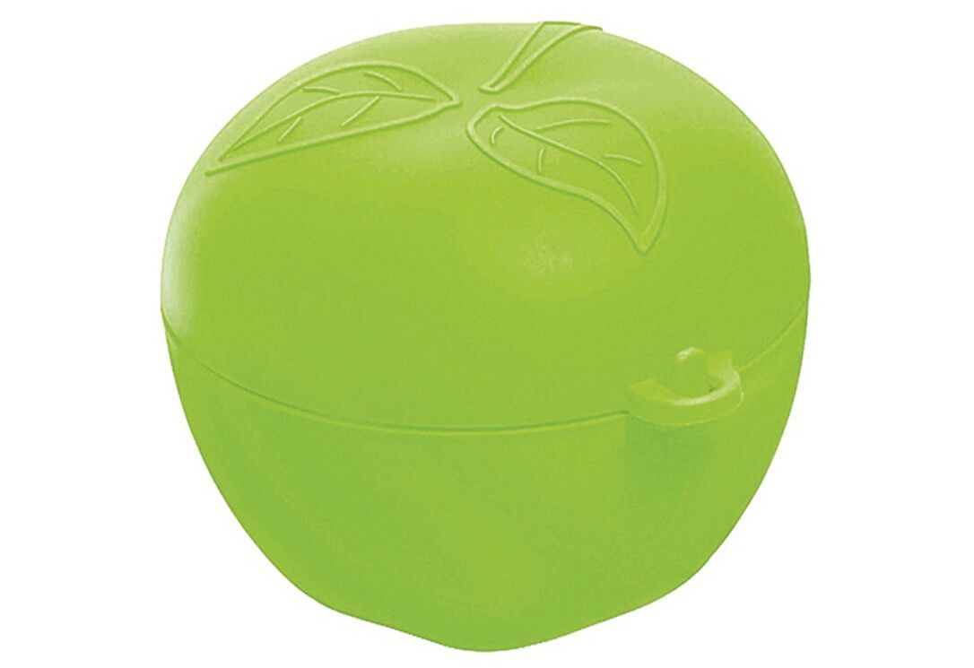 Grüne, apfelförmige Box mit Deckel. Deckel mit Blättern verziert. Mit Verschluss.