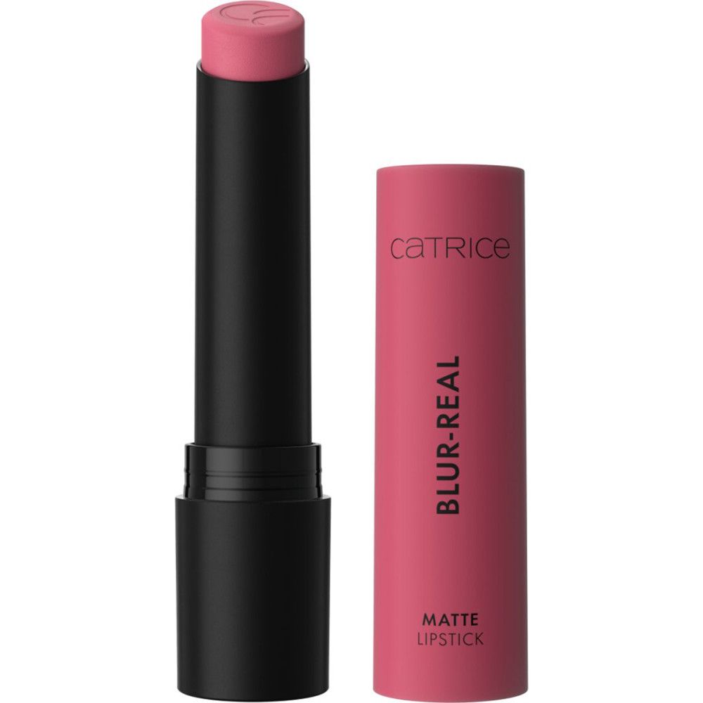 Lippenstift und Hülse. Aufschrift: CATRICE, BLUR-REAL, MATTE LIPSTICK. Lippenstift in rosa, Hülse in rosa und schwarz.