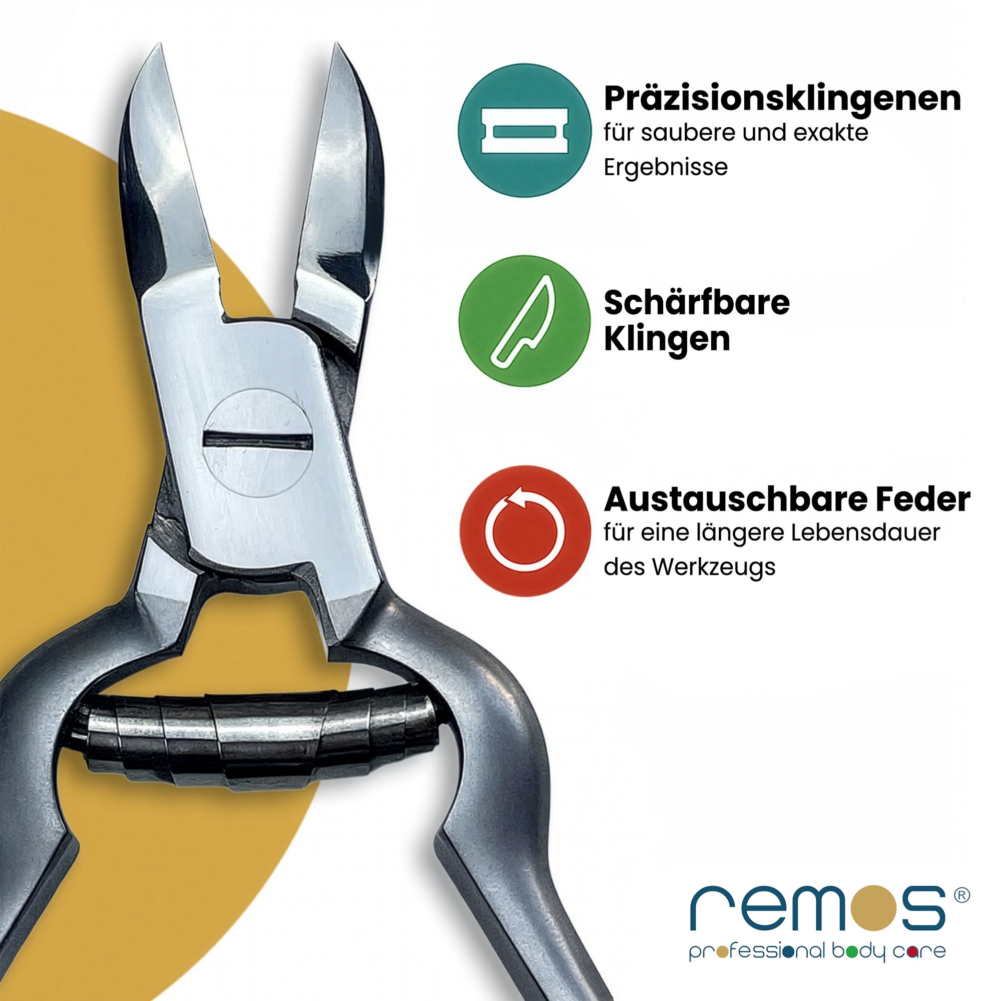 Nahaufnahme einer Edelstahl-Nagelzange mit Präzisionsklingen und austauschbarer Feder.