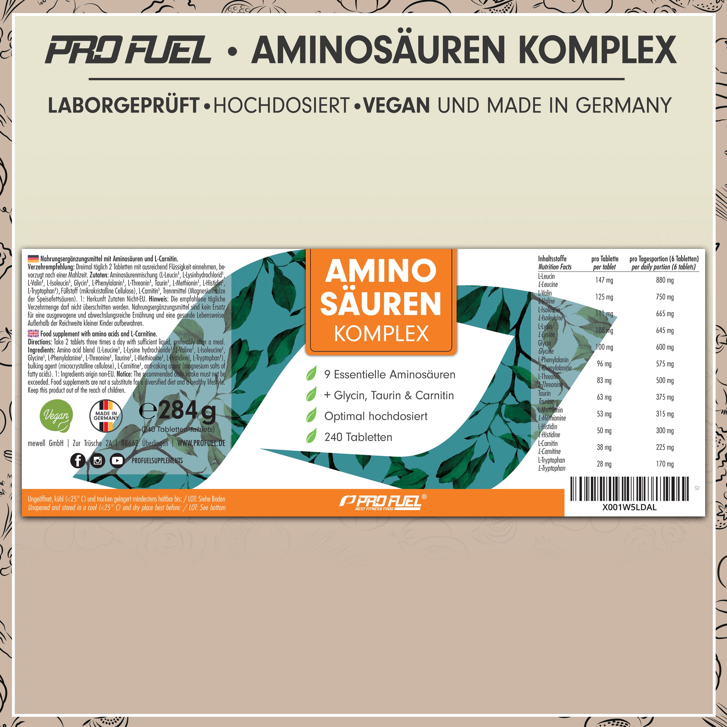 Verpackung mit Aminosäuren Komplex Tabletten. 240 Tabletten, 284g. 9 essentielle Aminosäuren, Glycin, Taurin & Carnitin. Laborgeprüft, vegan, Made in Germany.