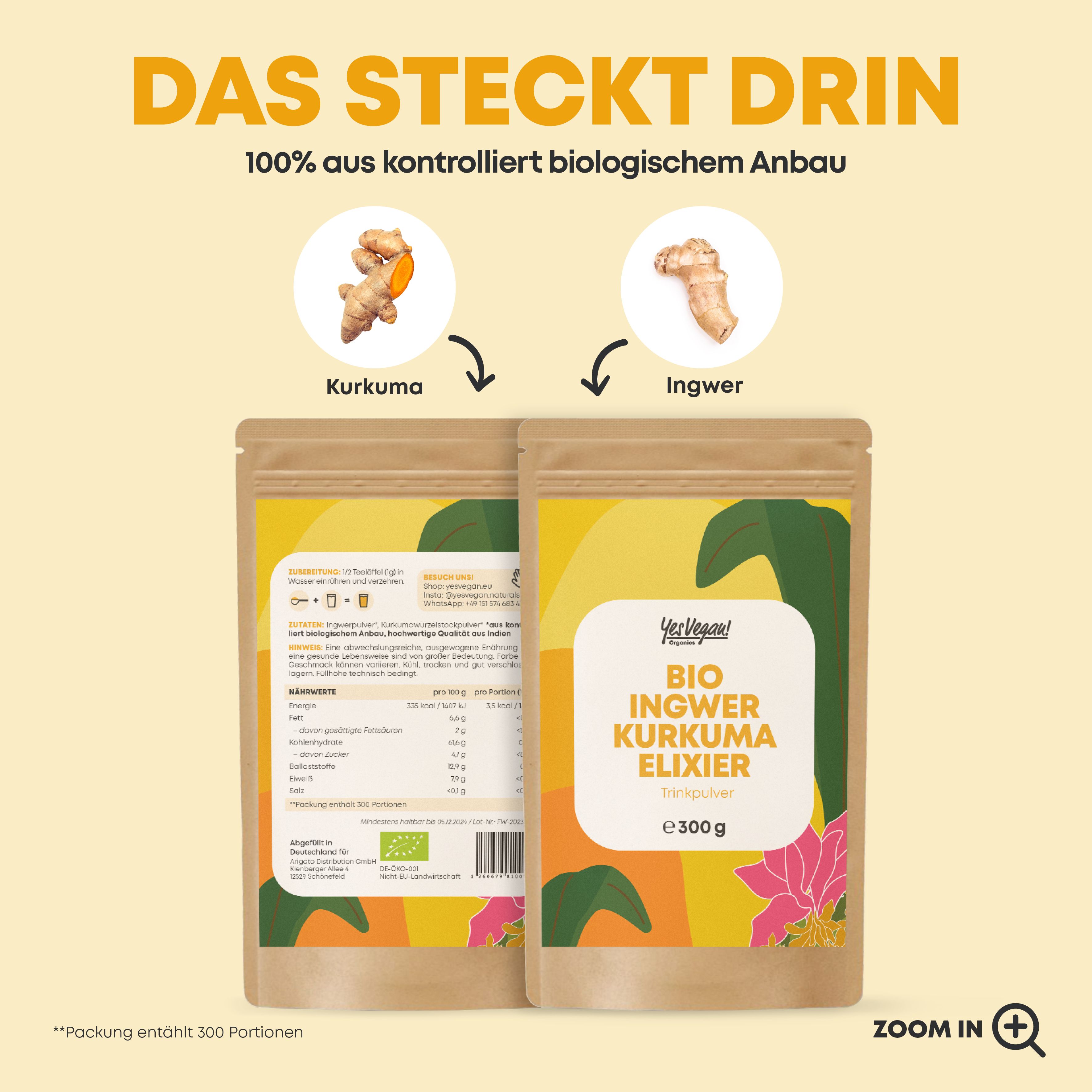 Zwei Beutel mit Pulver. Aufschrift: Bio Ingwer Kurkuma Elixier. Zutaten: Kurkuma und Ingwer. 100% aus kontrolliert biologischem Anbau.