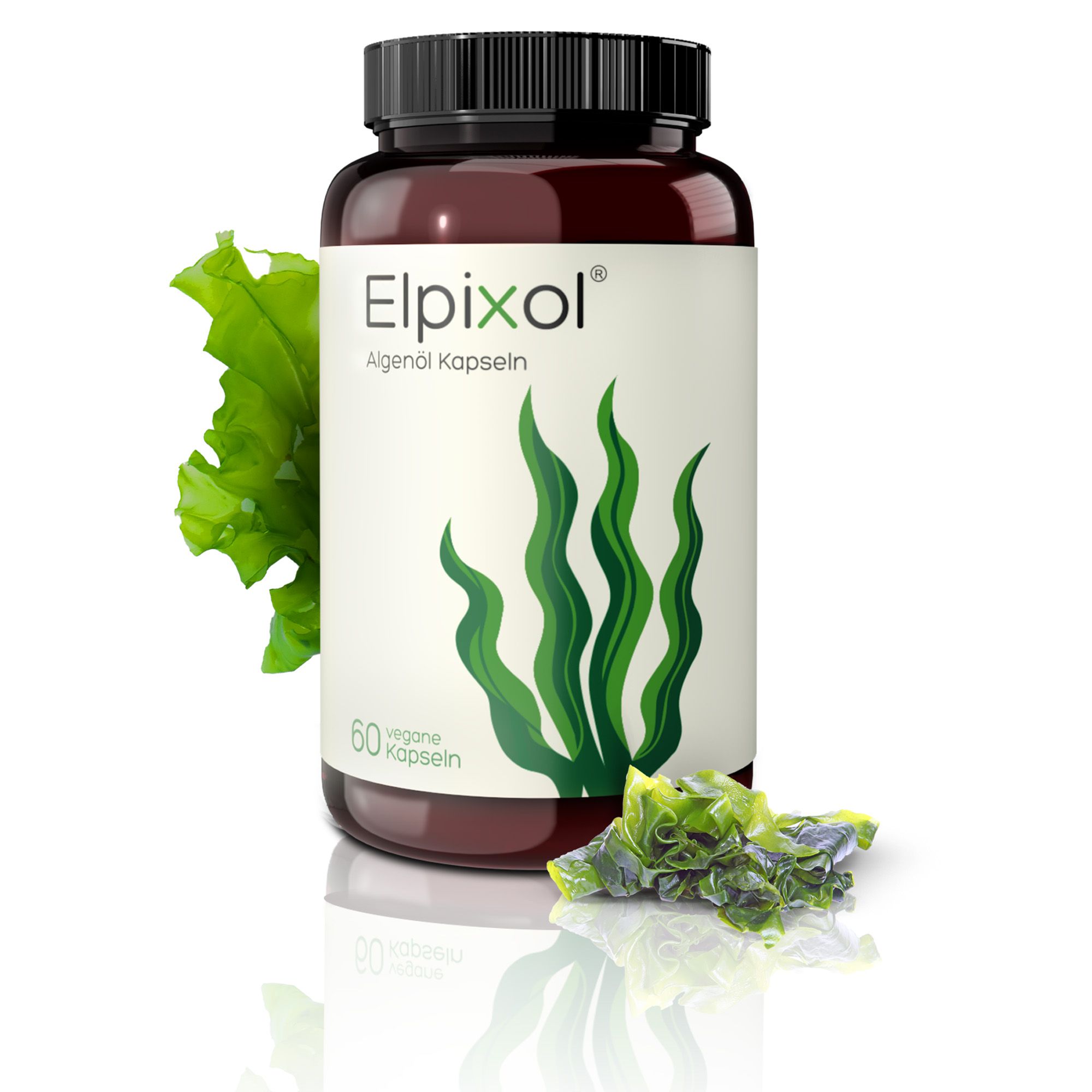 Braune Flasche mit weißen Etikett. Aufschrift: Elpixol Algenöl Kapseln. 60 vegane Kapseln. Algenblatt-Illustration.