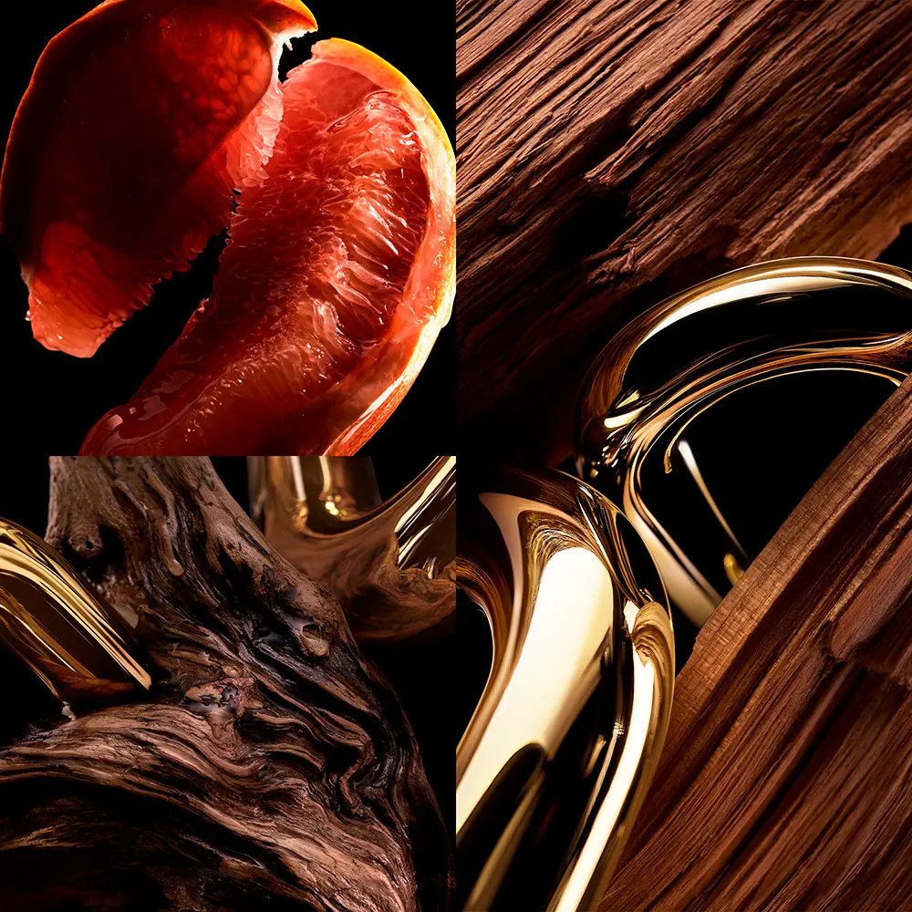 Vier geteilte Nahaufnahme. Grapefruit, Holzmaserung und goldfarbene Elemente. Dunkler Hintergrund.
