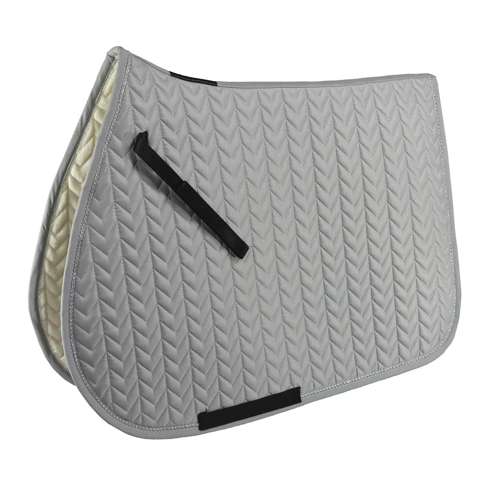 Graue Sattelunterlage mit Zickzackmuster und Klettverschlüssen. Rechteckige Form mit abgerundeten Ecken.