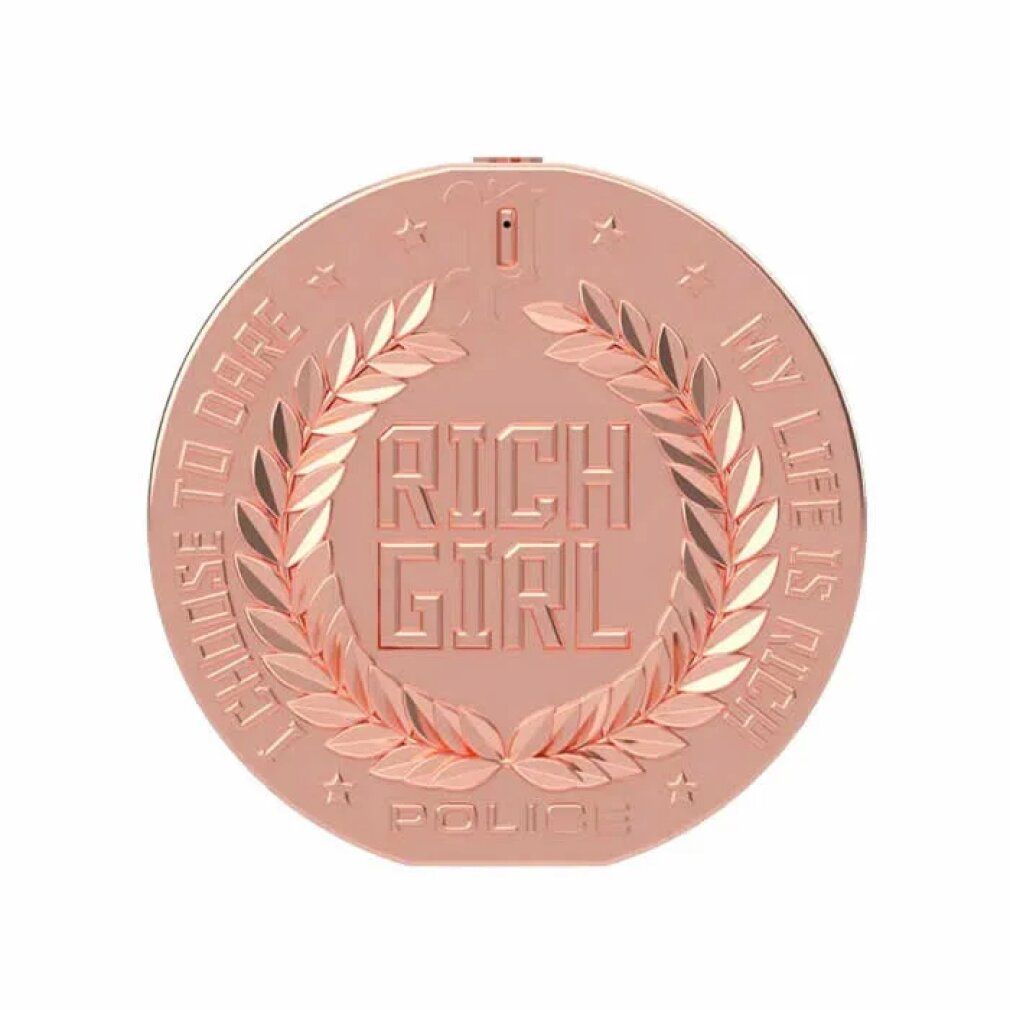 Runder, roségoldfarbener Flakon. Aufschrift "RICH GIRL" in Lorbeerkranz. Umrandet von "I CHOOSE TO DARE" und "MY LIFE IS RICH". Marke: POLICE.