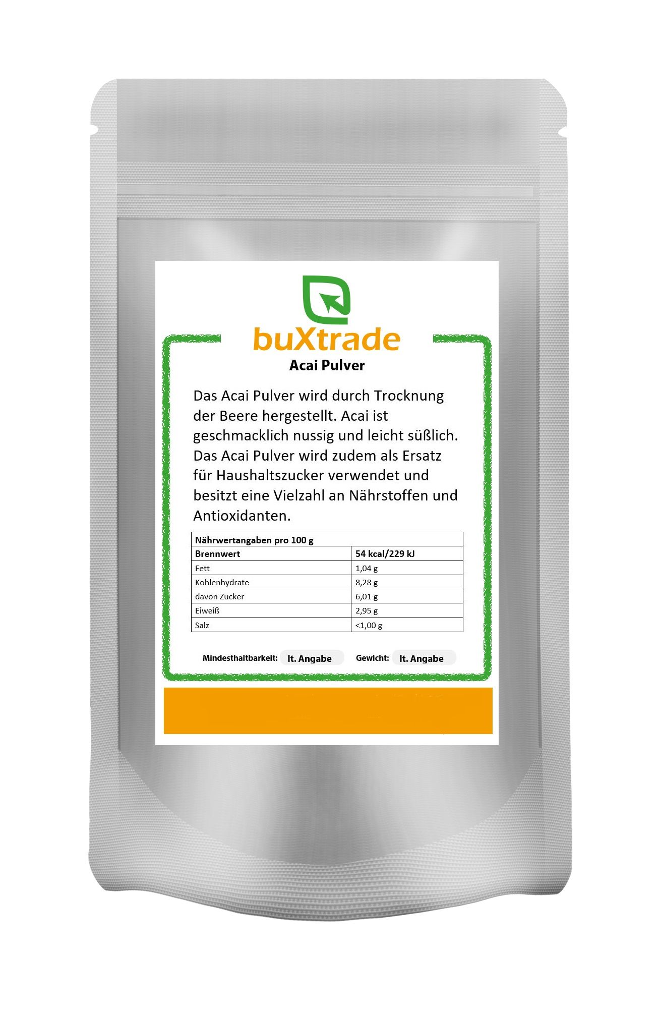 Beutel mit buXtrade Acai Pulver. Weißer Beutel mit Etikett, Nährwertangaben und Produktname. Grün umrandetes Etikett.