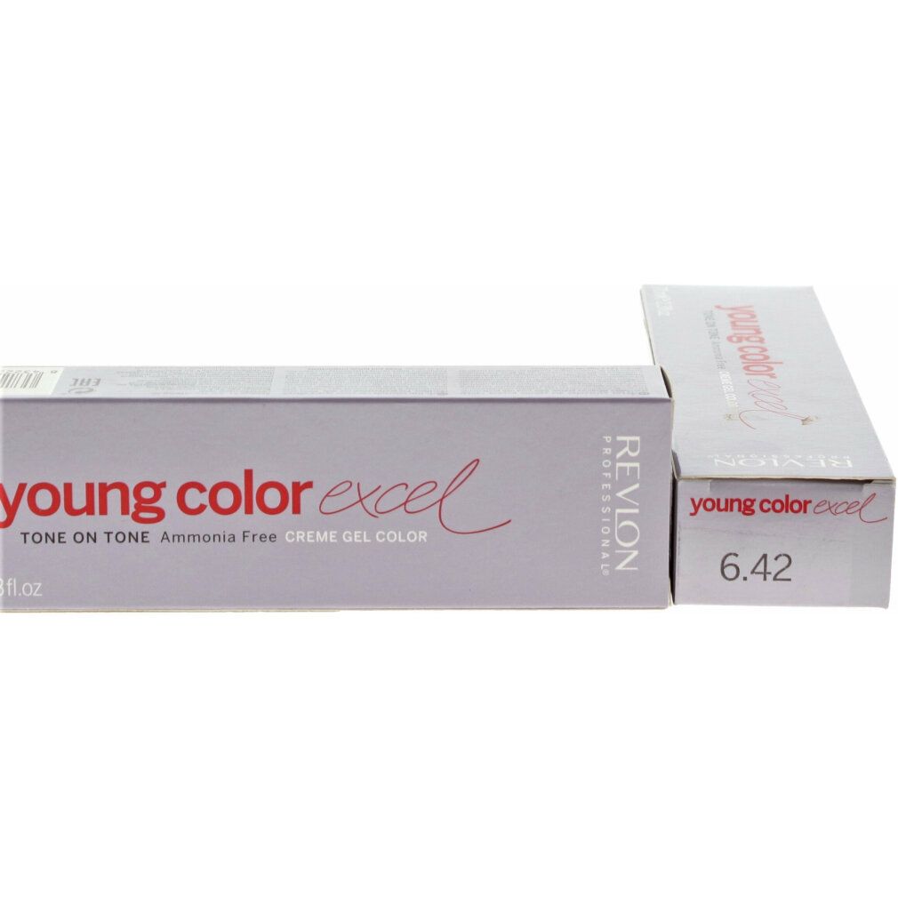 Zwei Packungen Revlon Professional Young Color Excel. Auf einer steht "6.42". Auf der anderen steht "TONE ON TONE Ammonia Free CREME GEL COLOR".