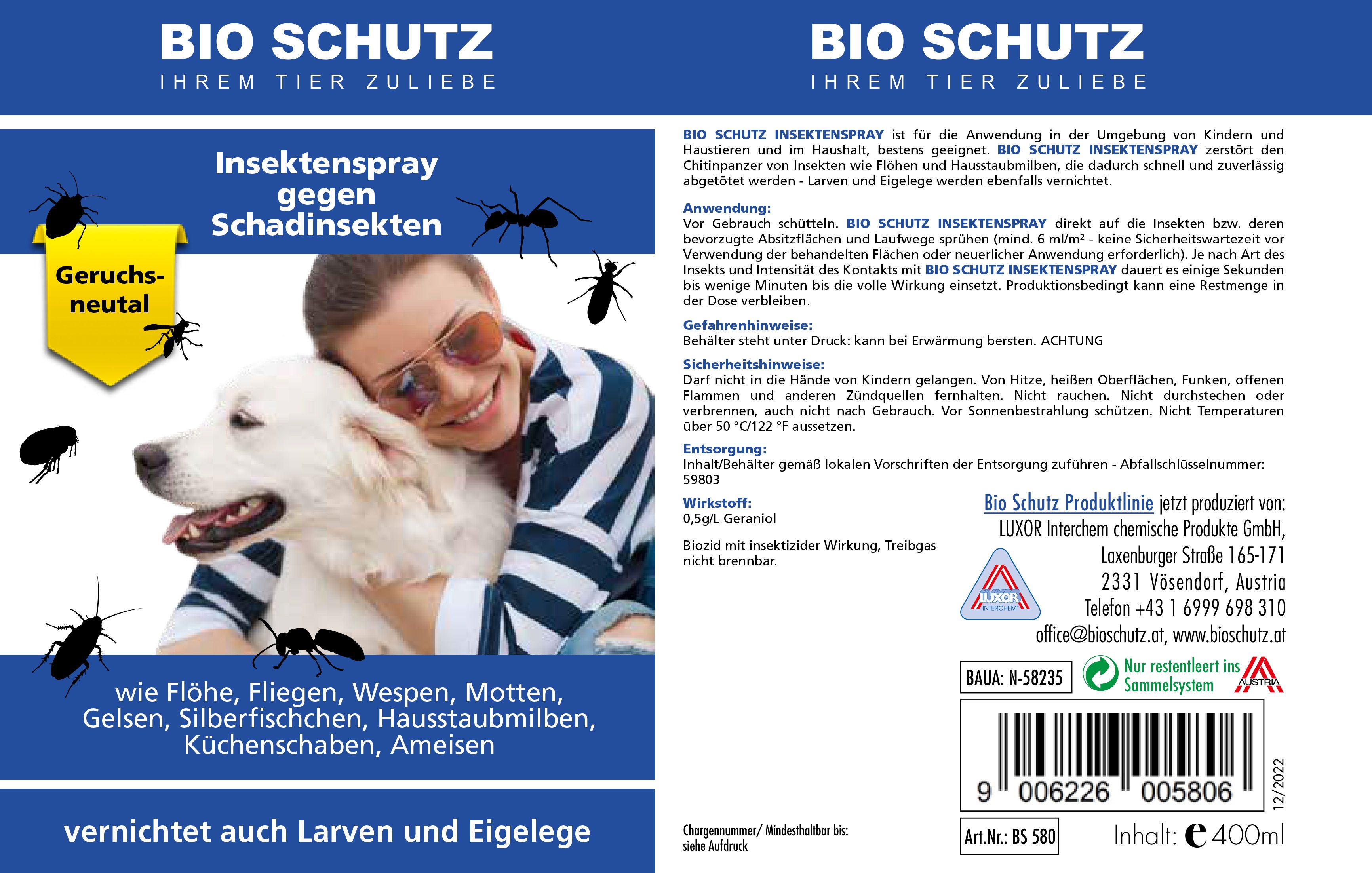Produktetikett. Aufschrift: BIO SCHUTZ, Insektenspray gegen Schadinsekten. Abbildung: Frau mit Hund. Text: Geruchsneutral.