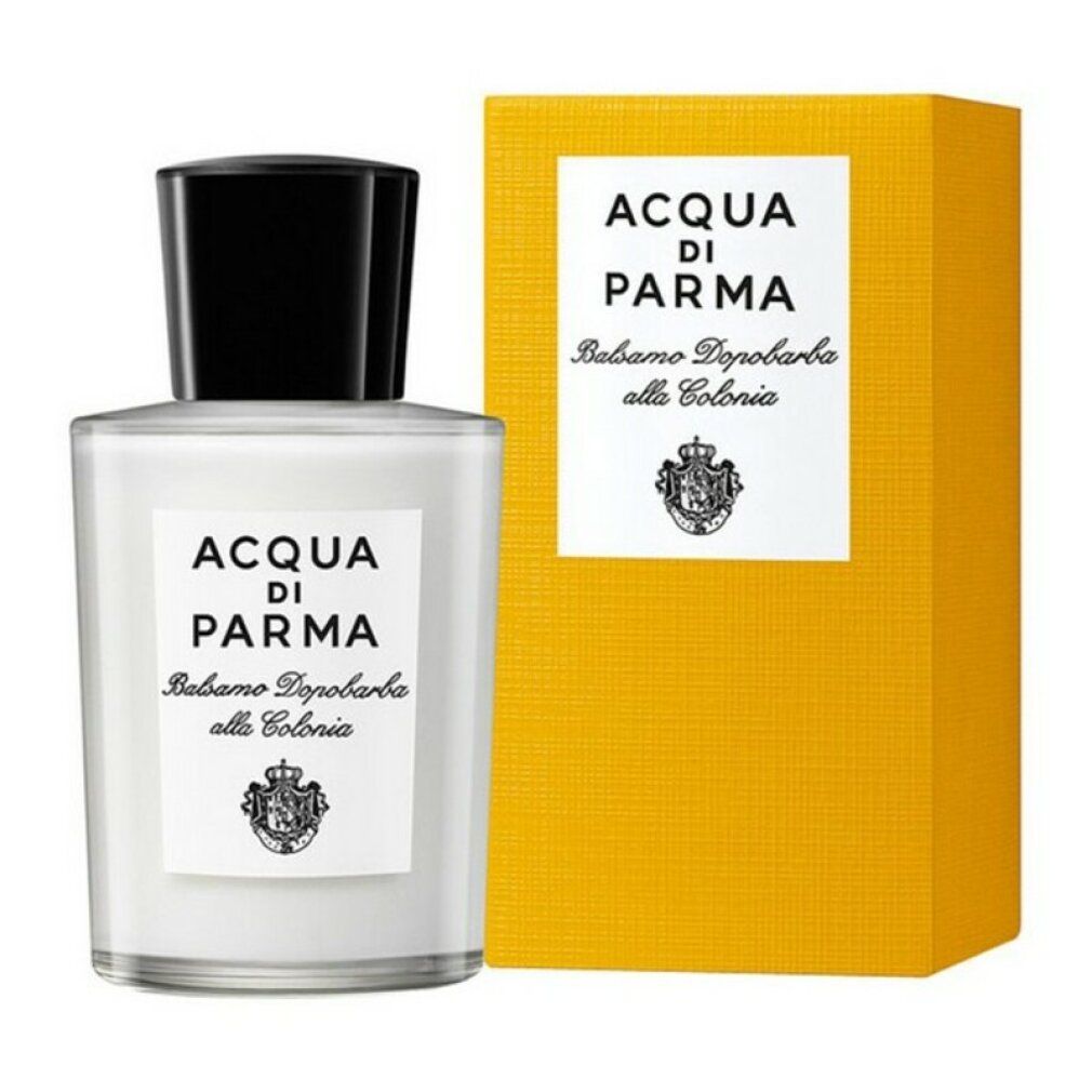 Flakon und Verpackung. Aufschrift: Acqua Di Parma, Balsamo Dopobarba alla Colonia. Gelbe Verpackung.